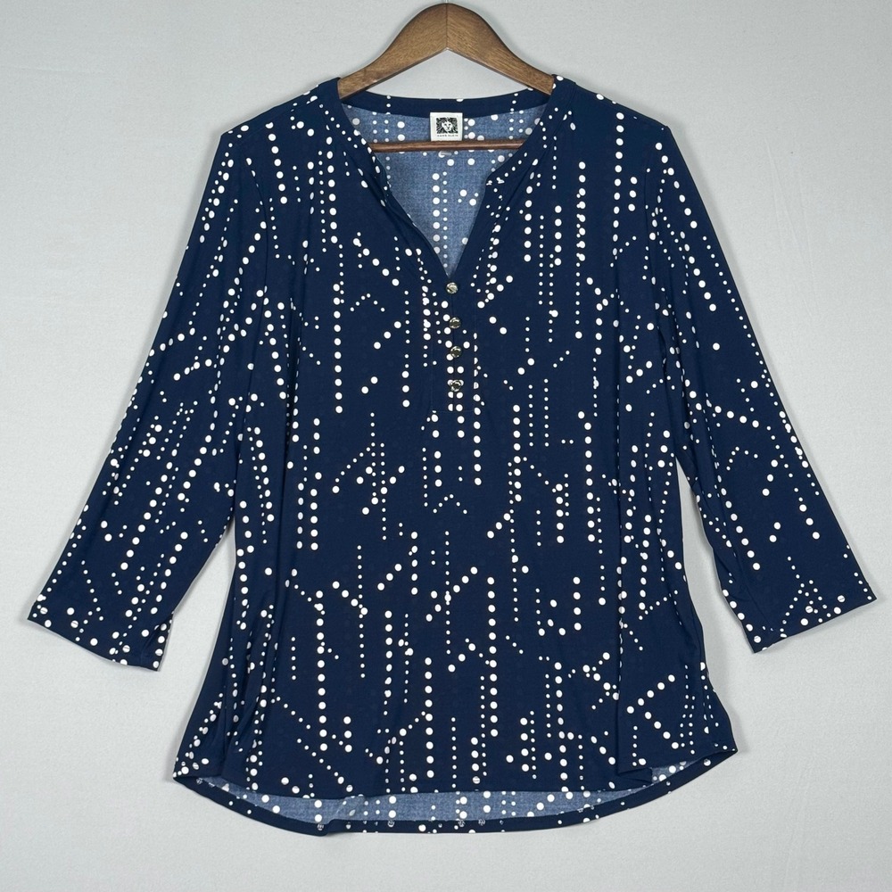 Anne Klein Blouse Women 1X Navy Blue Excellent Polka Dot 3/4 Sleeve V-Neck Top